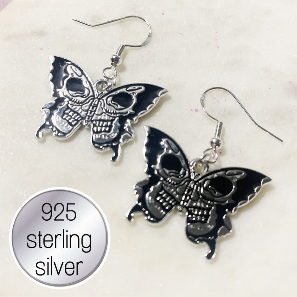925 Sterling Silver gothic Halloween skull Butterfly Earrings